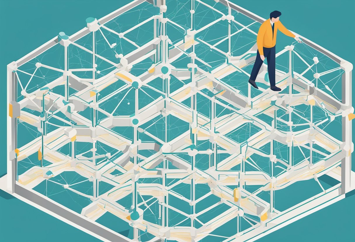 A person drawing a complex web of interconnected nodes and lines, representing the benefits and challenges of data modeling