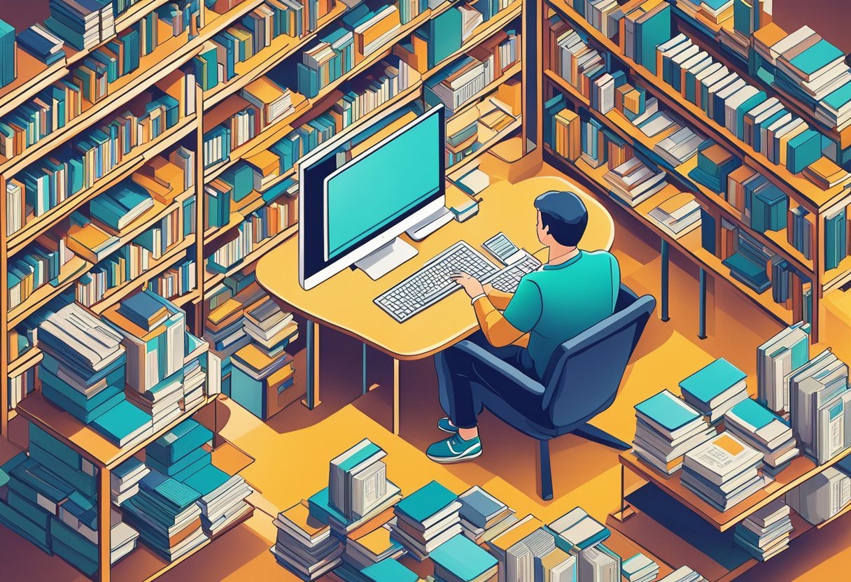 A person researching relational databases surrounded by books and computer screens