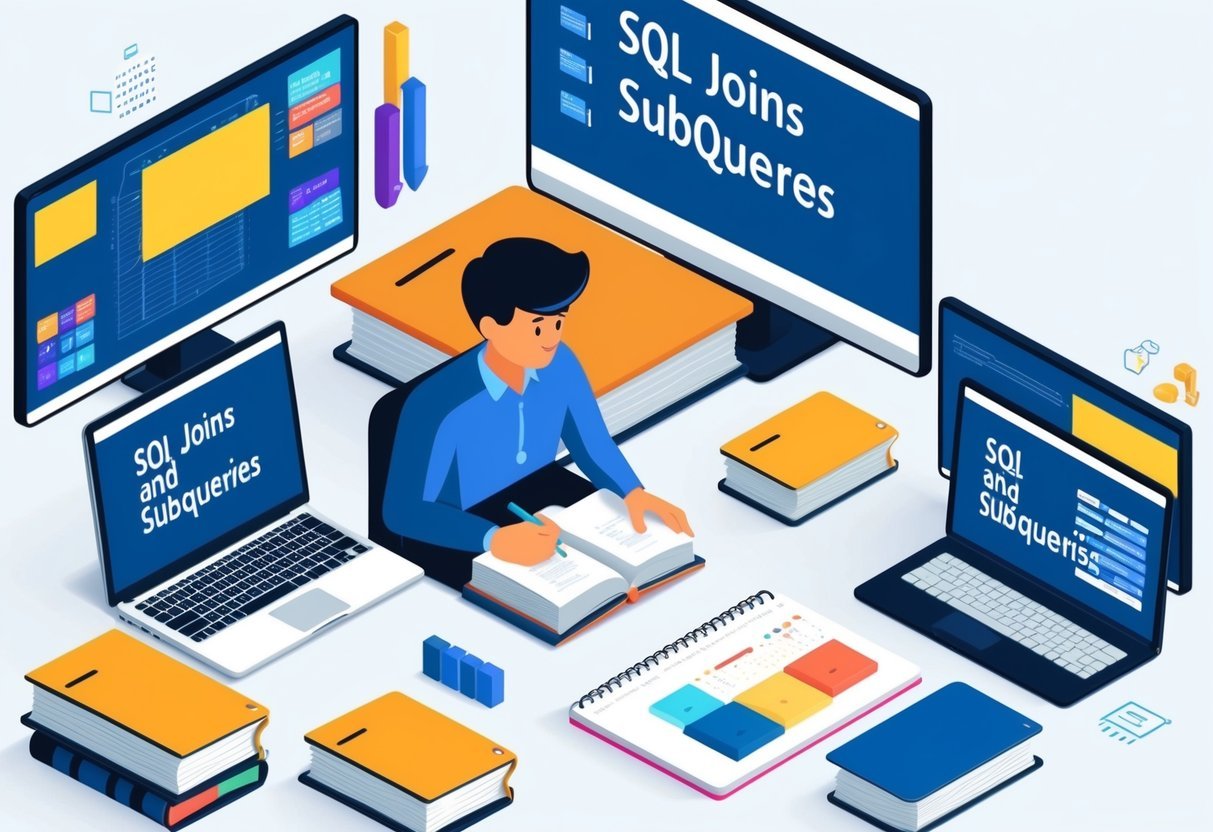 A person studying SQL joins and subqueries, surrounded by computer screens and notebooks, with a focused expression