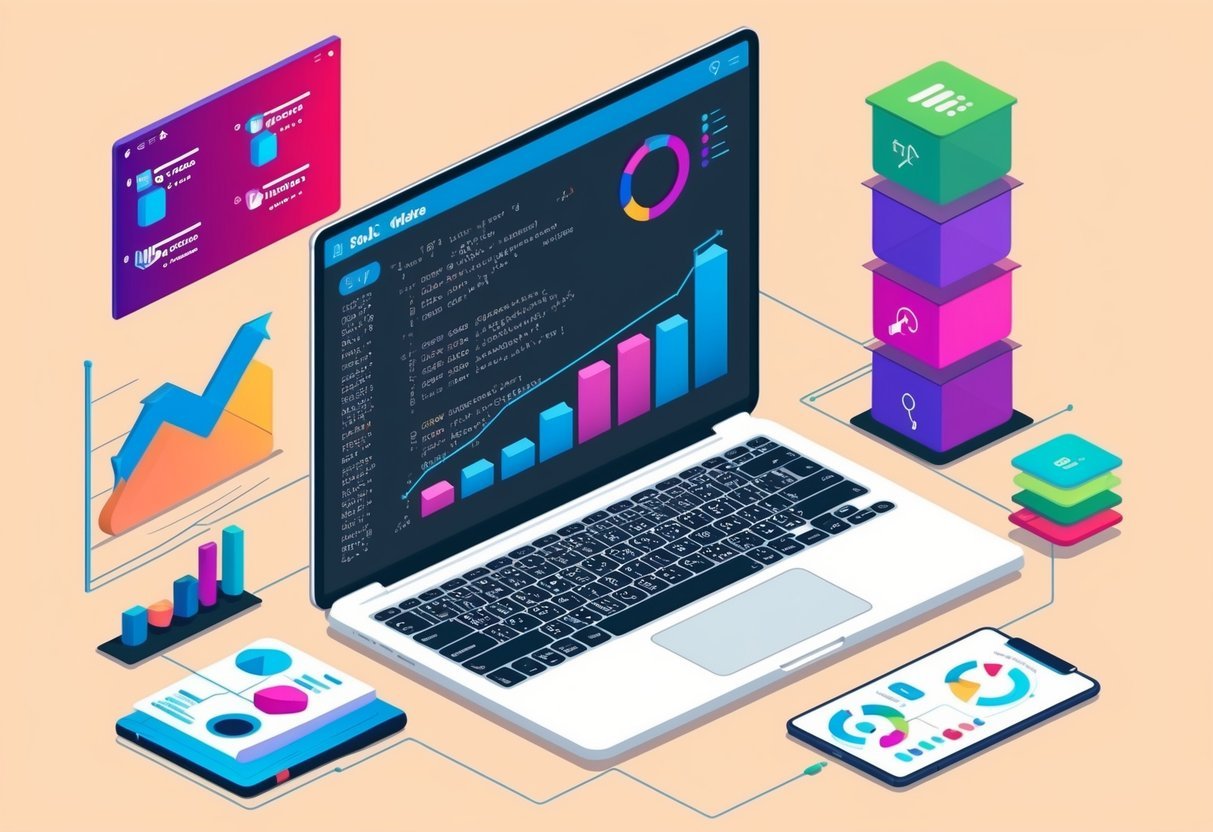 A laptop displaying SQL queries alongside data science tools and charts