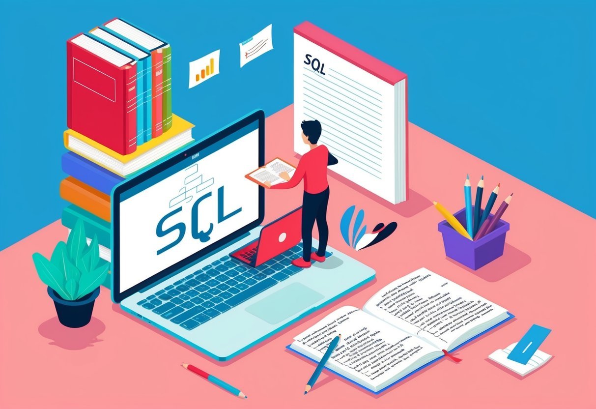 A person learning SQL with a laptop, books, and notes