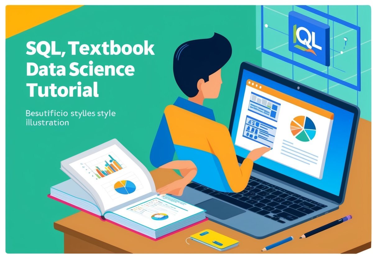 A person at a desk, studying a SQL textbook with a laptop open to a data science tutorial
