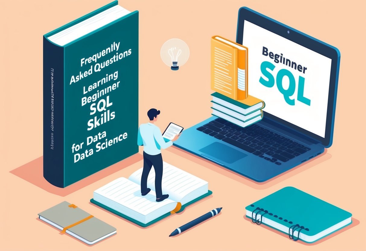 A person studying a book titled "Frequently Asked Questions Learning Beginner SQL skills for Data Science" with a laptop and notebook on a desk