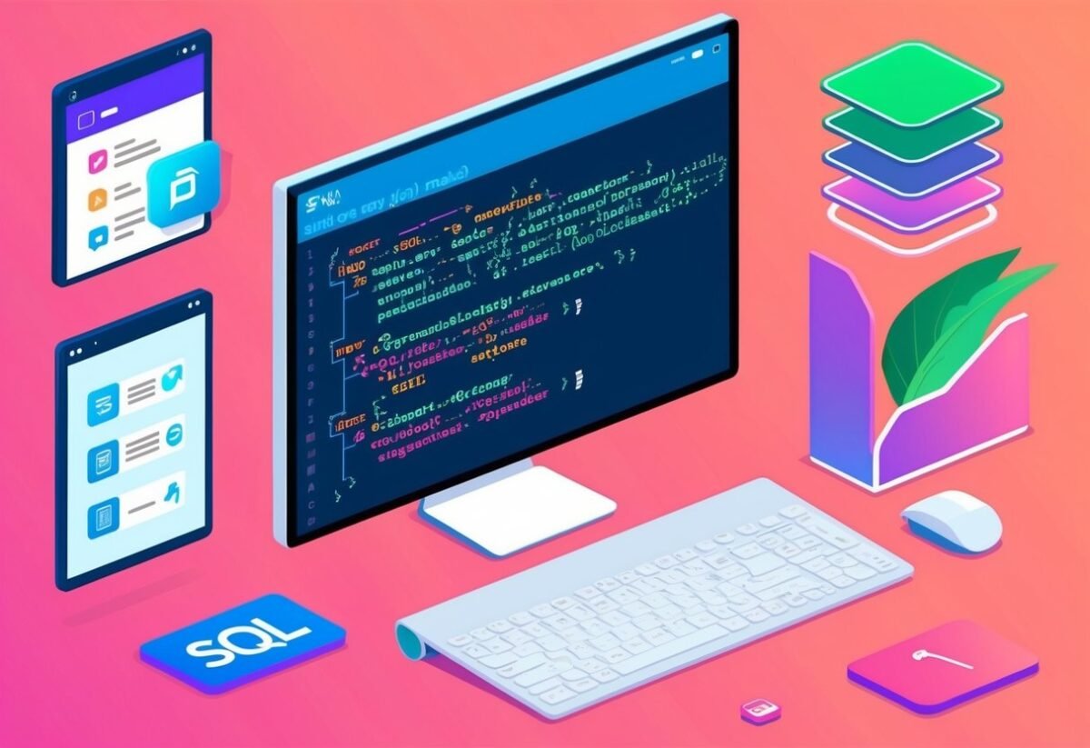 A computer screen displaying SQL code alongside other technology icons