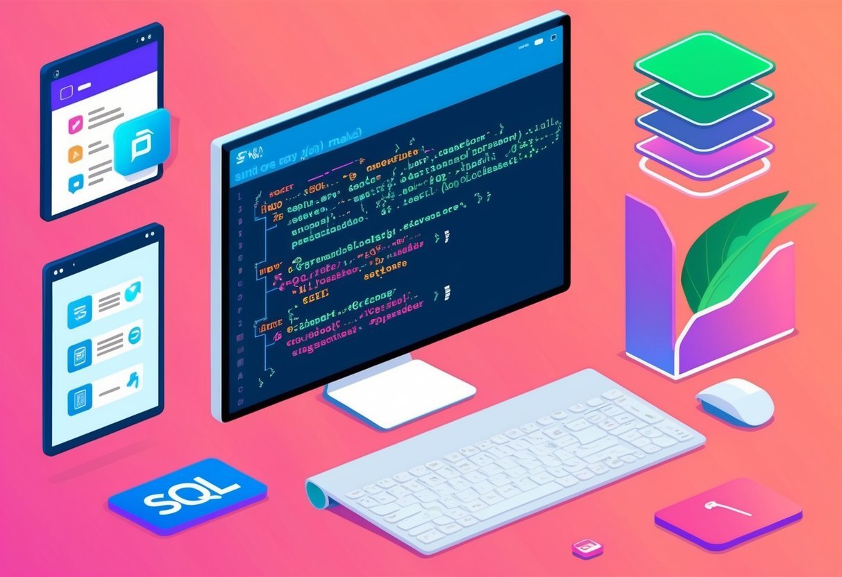 A computer screen displaying SQL code alongside other technology icons