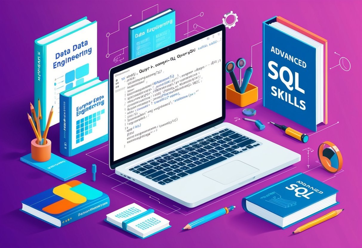 A laptop displaying a complex SQL query, surrounded by various data engineering tools and books on advanced SQL skills