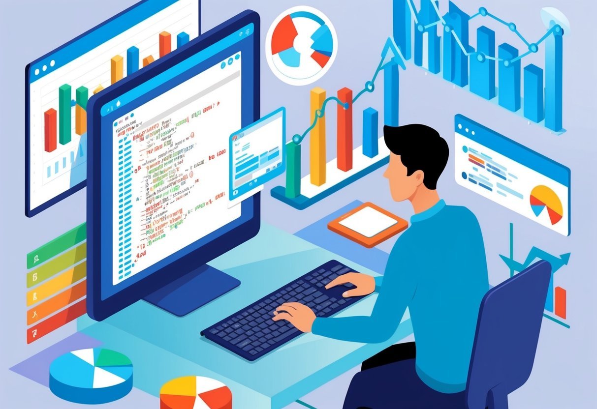 A person working at a computer, surrounded by charts and graphs, with a focus on SQL code on the screen