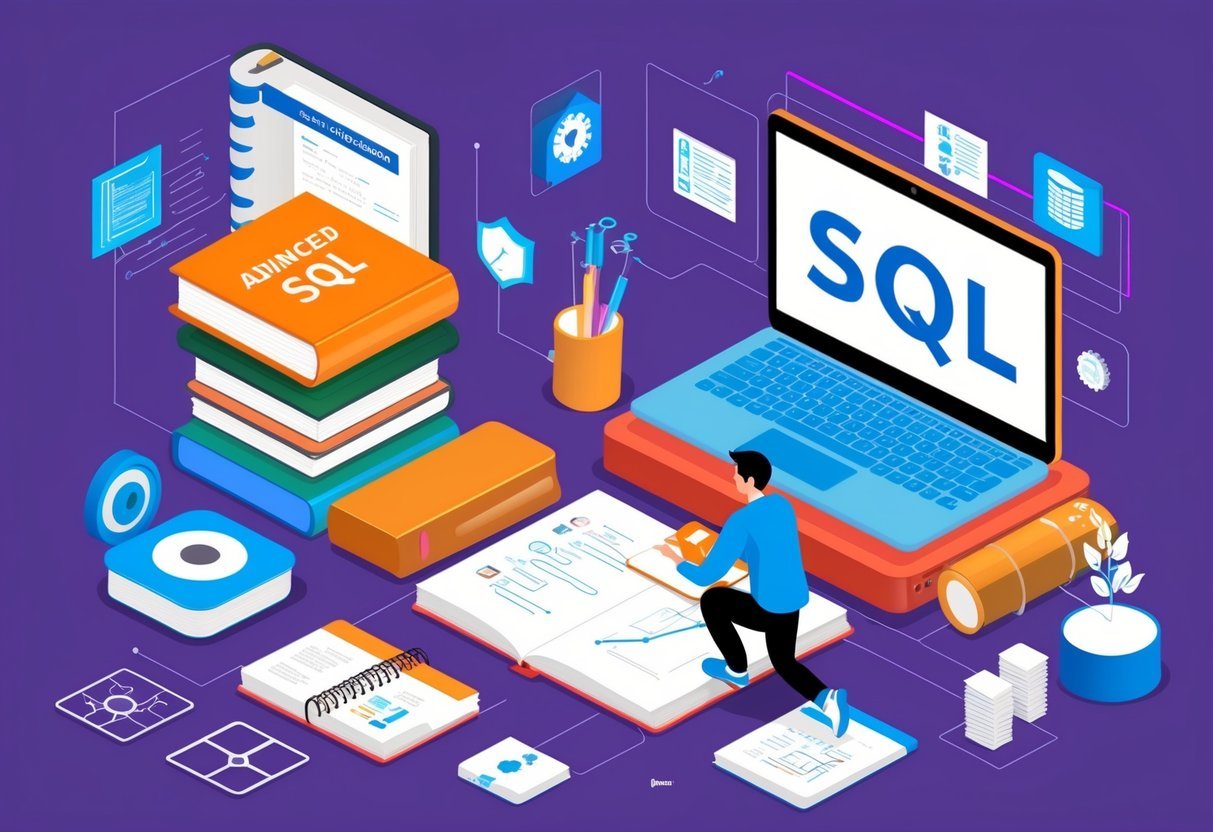 A person studying a book on advanced SQL with a laptop and notebook open on a desk, surrounded by data engineering resources