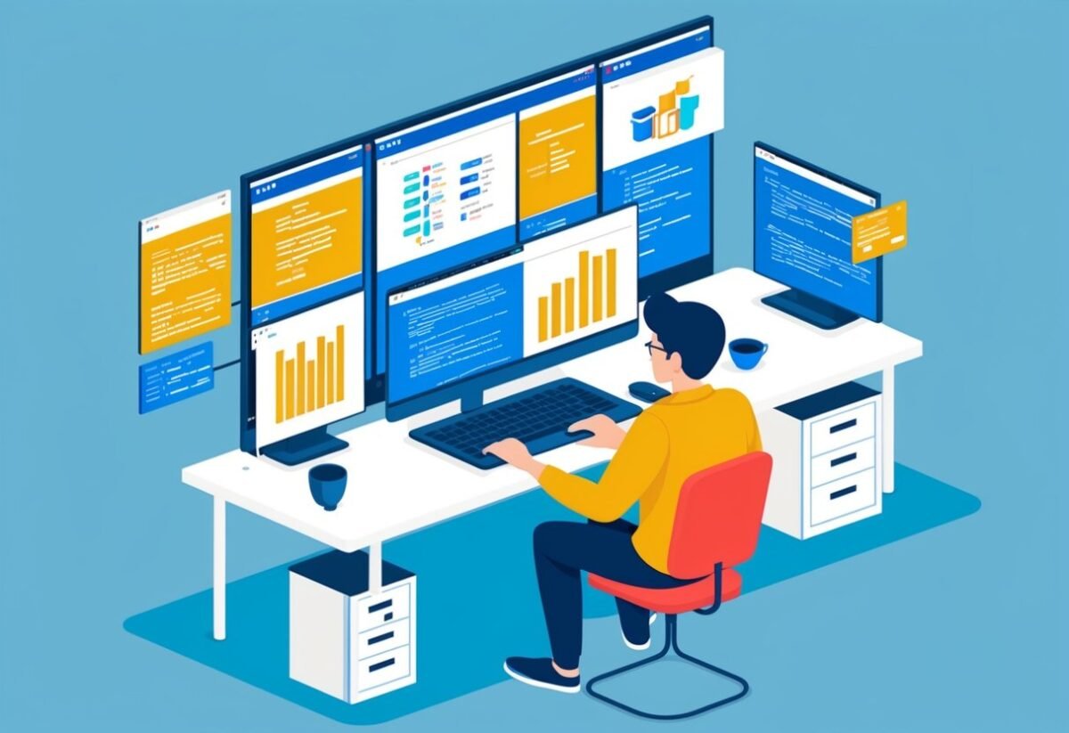 A person working at a computer, with multiple windows open, studying advanced data structures and practicing SQL for data science
