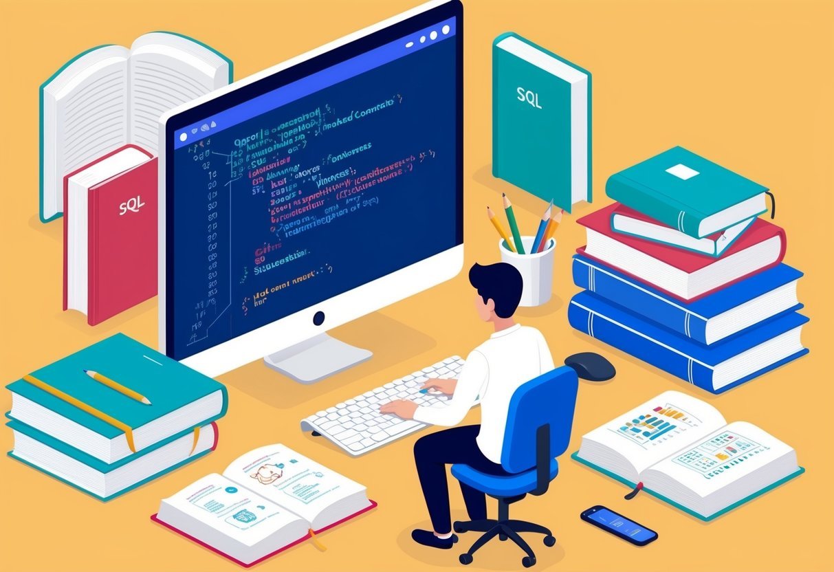 A person working at a computer, surrounded by open textbooks and notebooks, with SQL code and data science concepts on the screen