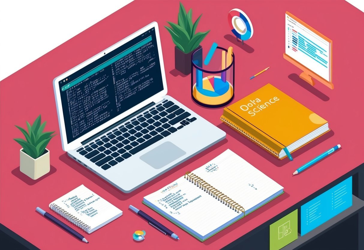 A laptop displaying SQL queries and a notebook with data science notes on a desk