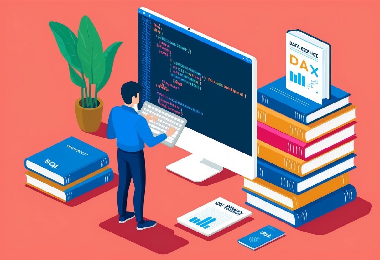 A person studying a computer screen with SQL code and data science books on a desk