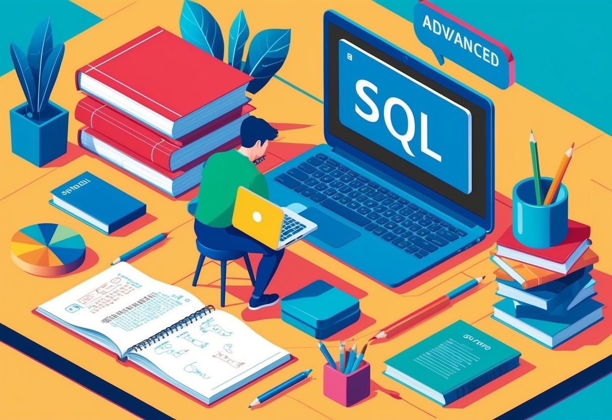 A person studying a book on advanced SQL with a laptop and notes