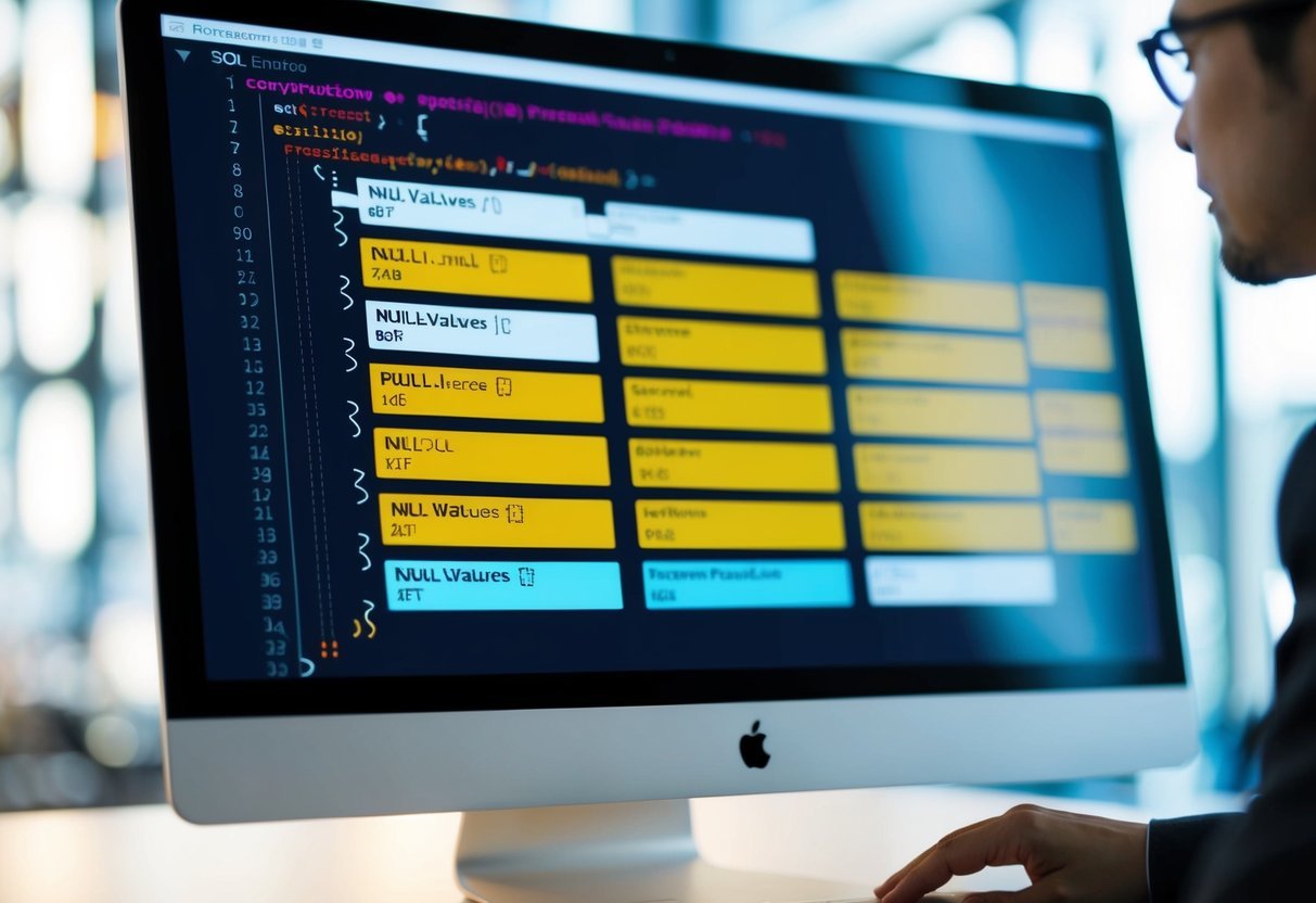 A computer screen displaying SQL code with NULL values and SQL functions