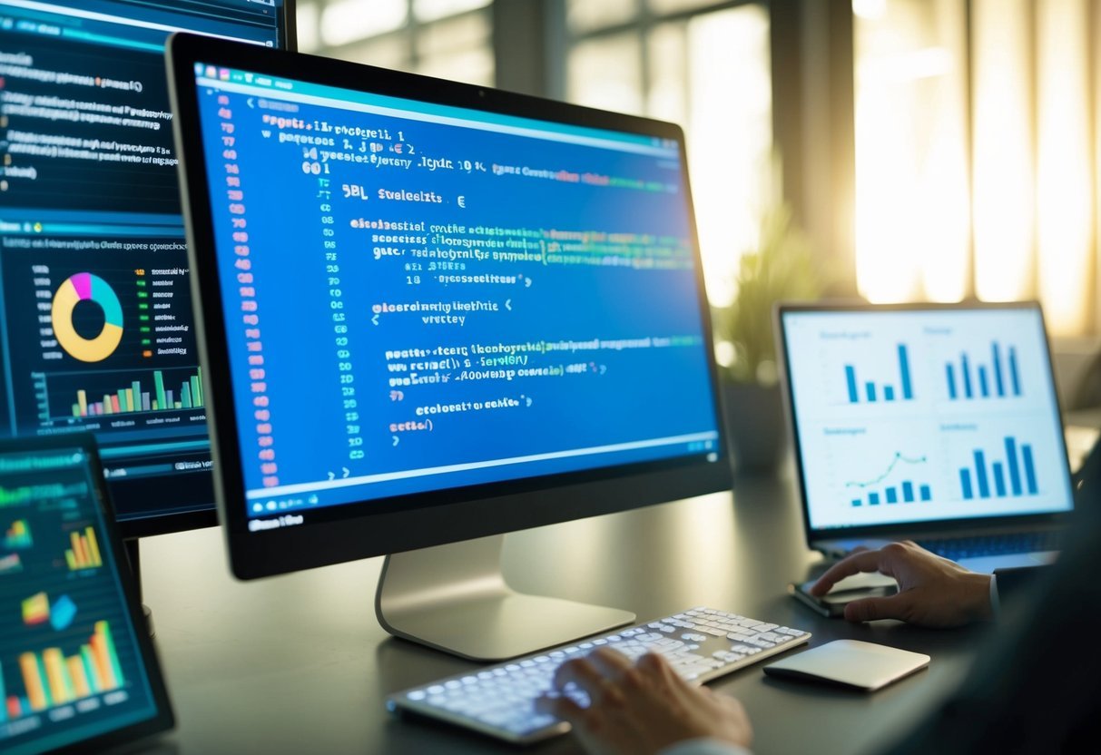 A computer screen displaying SQL code with GROUP BY clause, surrounded by data analysis charts and graphs