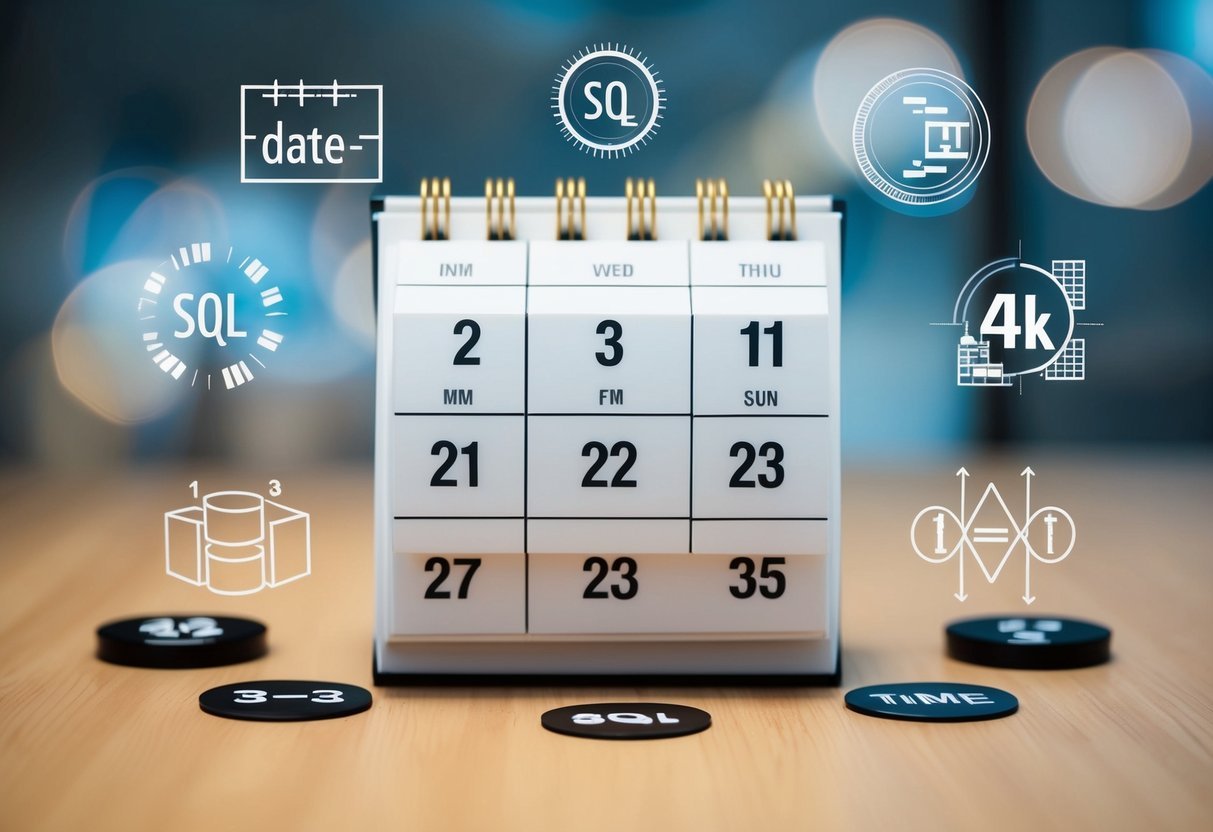 A calendar with overlapping date and time calculations, surrounded by SQL function symbols