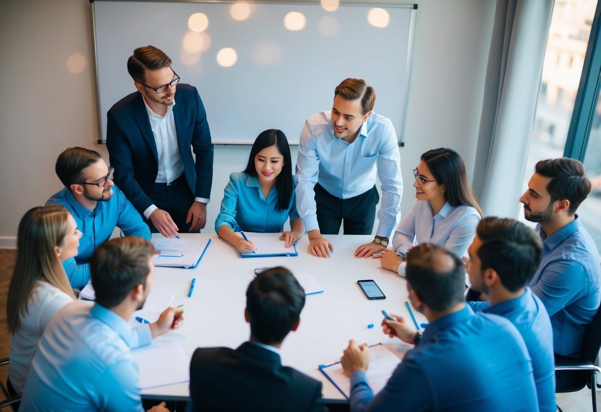 A group of people gathered around a whiteboard, discussing and learning about SQL GROUP BY