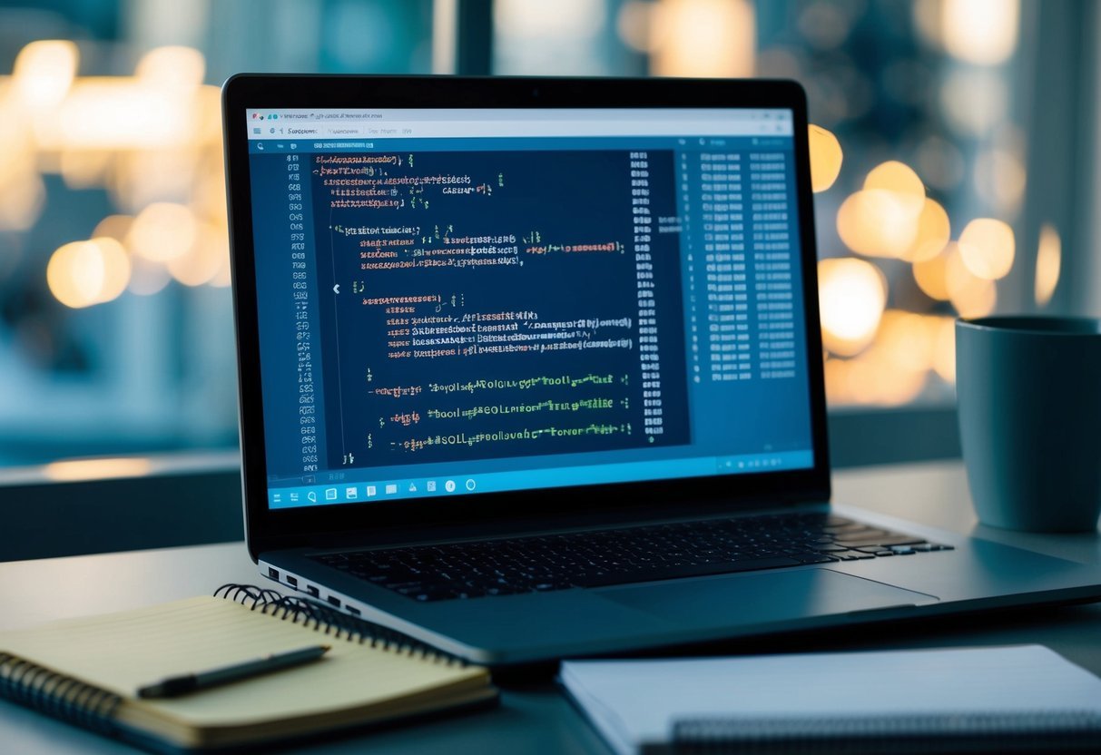 A laptop displaying SQL code with a series of rollup operations and a notebook with handwritten notes beside it