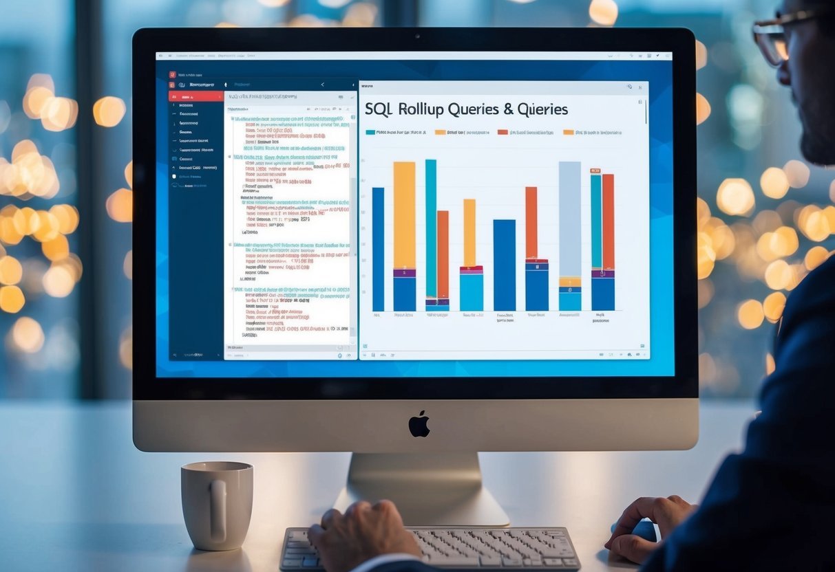 A computer screen displaying SQL rollup queries and data visualizations
