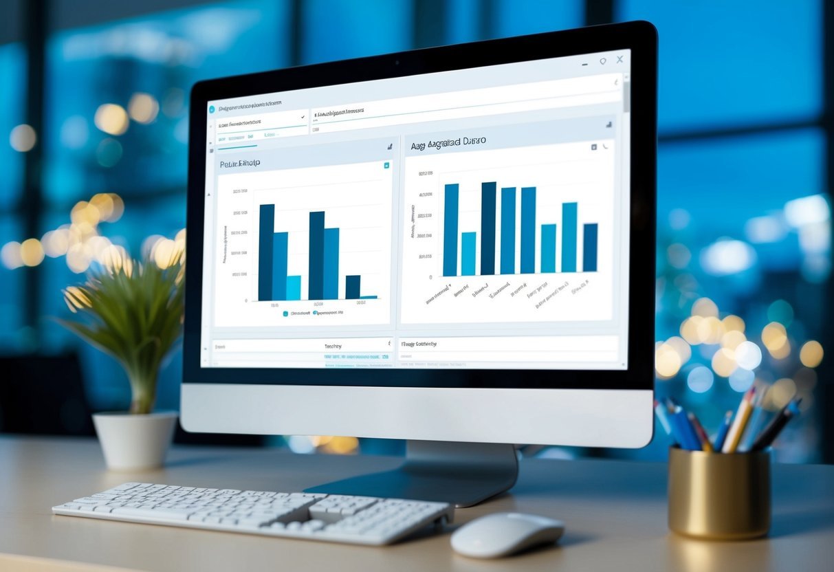 A computer screen displays a database query with aggregated data, while a chart visualizes SQL rollups