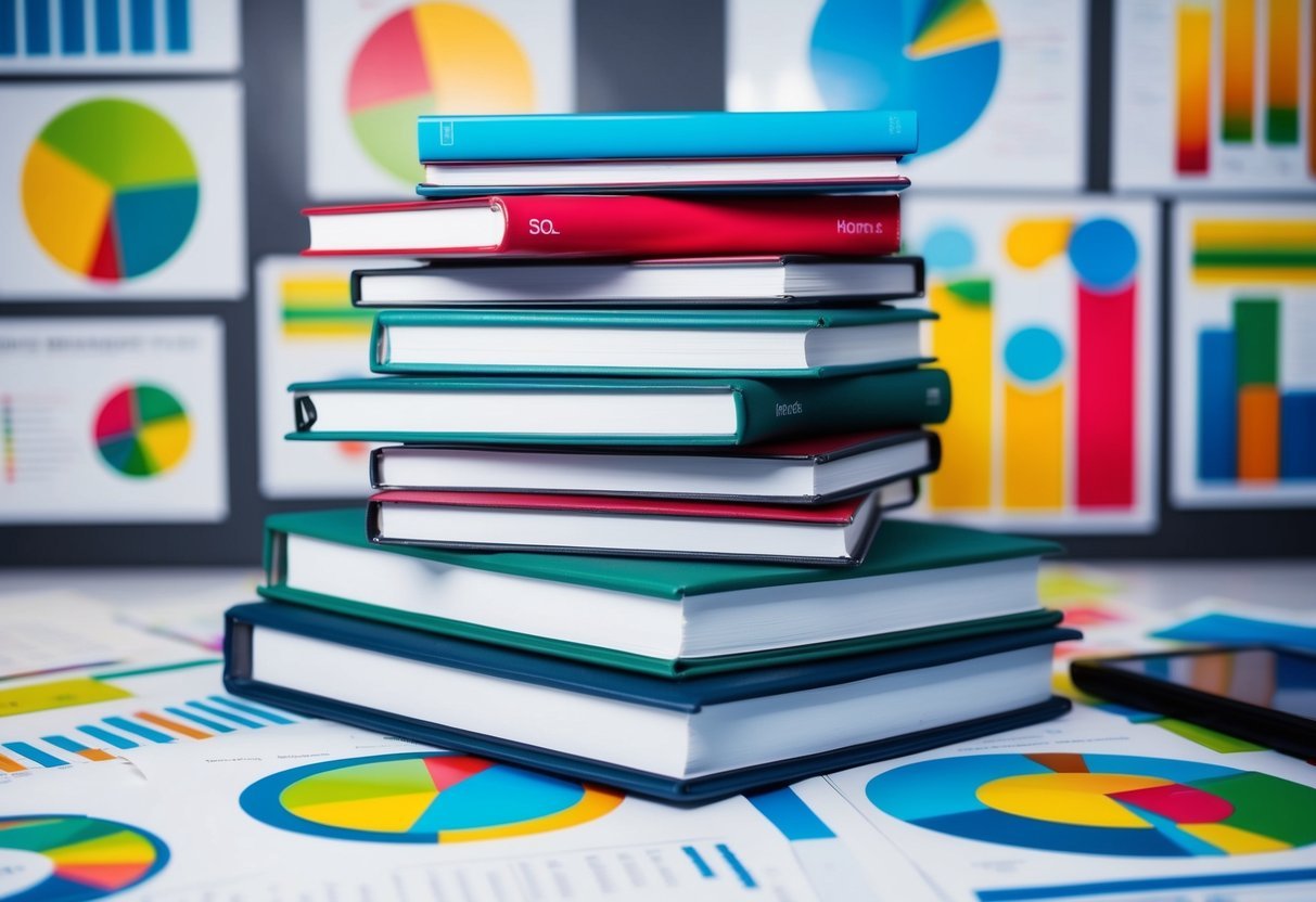 A stack of SQL textbooks surrounded by colorful charts and graphs