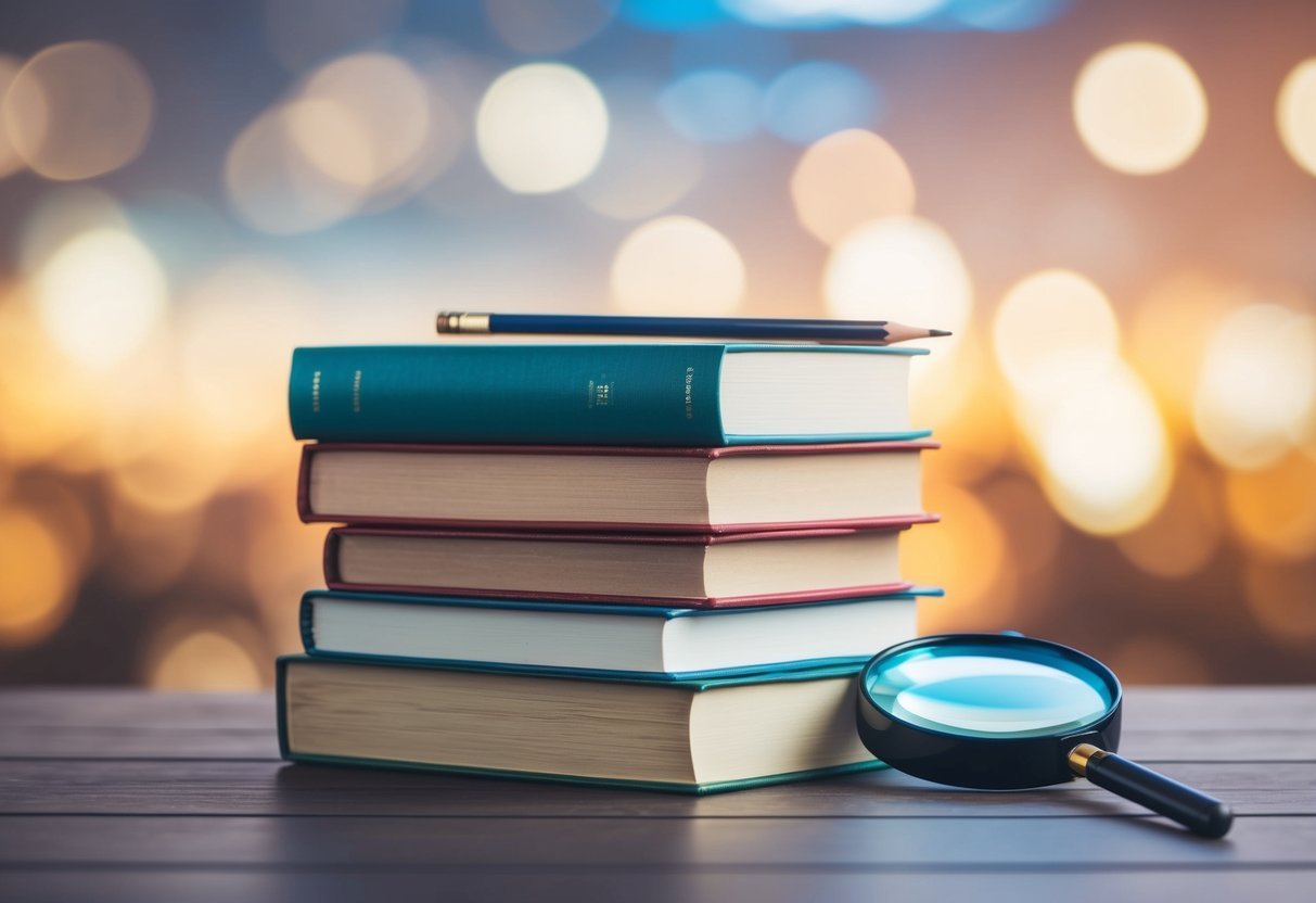A stack of books on SQL with a magnifying glass and a pencil
