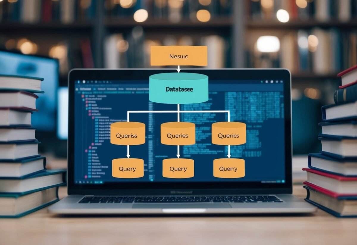 A database diagram with nested queries and SQL code, surrounded by books and computer screens