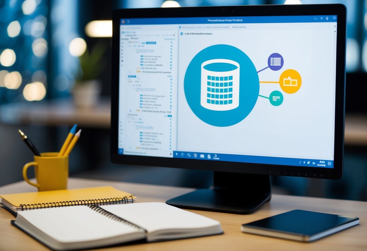 A computer screen showing a SQL database with subqueries and related learning materials open on a desk with a notebook and pen