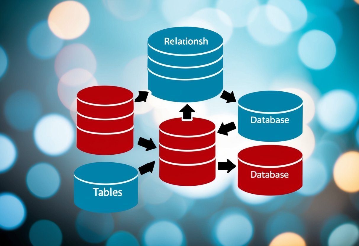 A database diagram with nested tables and arrows showing relationships