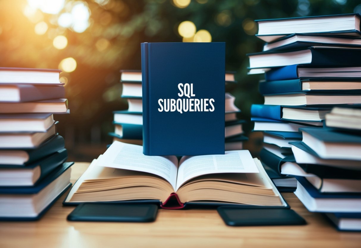An open book surrounded by stacks of reference materials on SQL subqueries