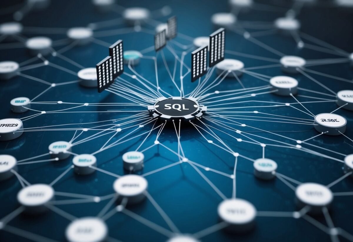 A complex web of interconnected data tables with SQL queries weaving through them