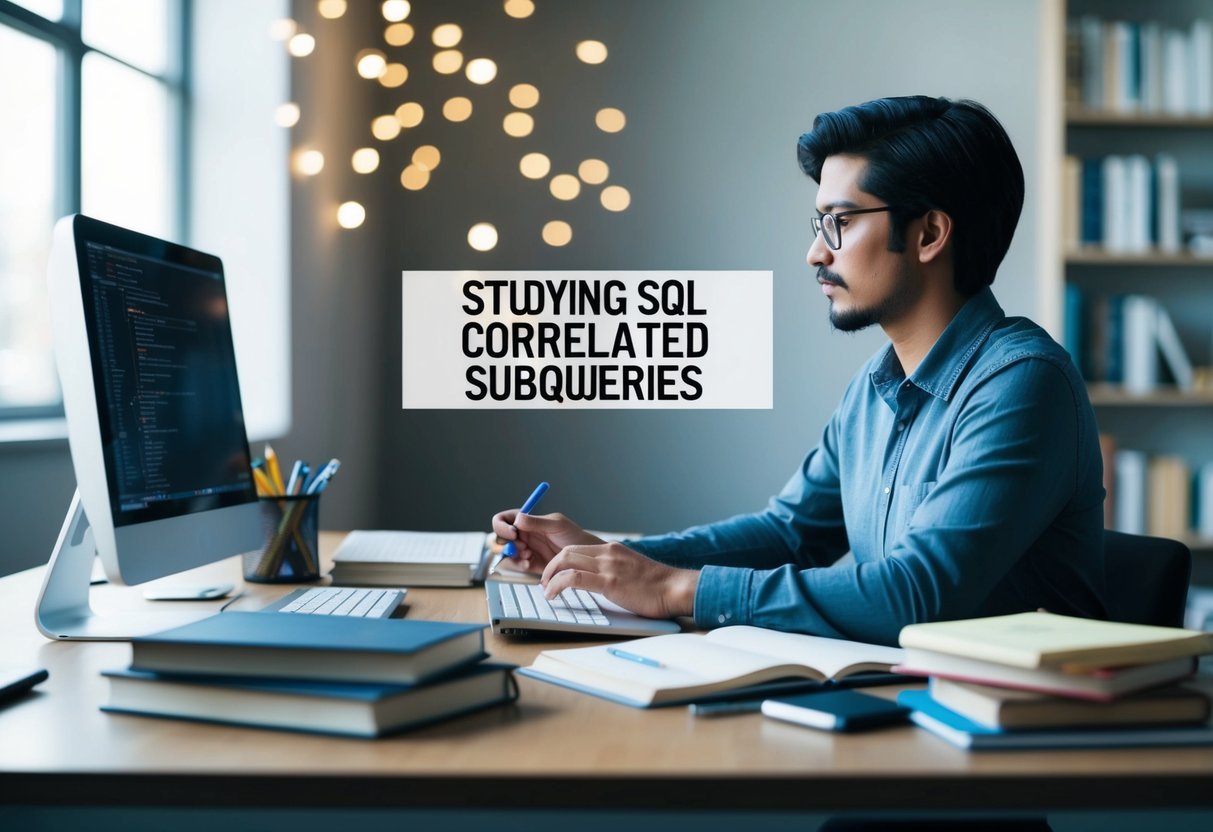 A person at a computer, studying SQL correlated subqueries with books and notes scattered around