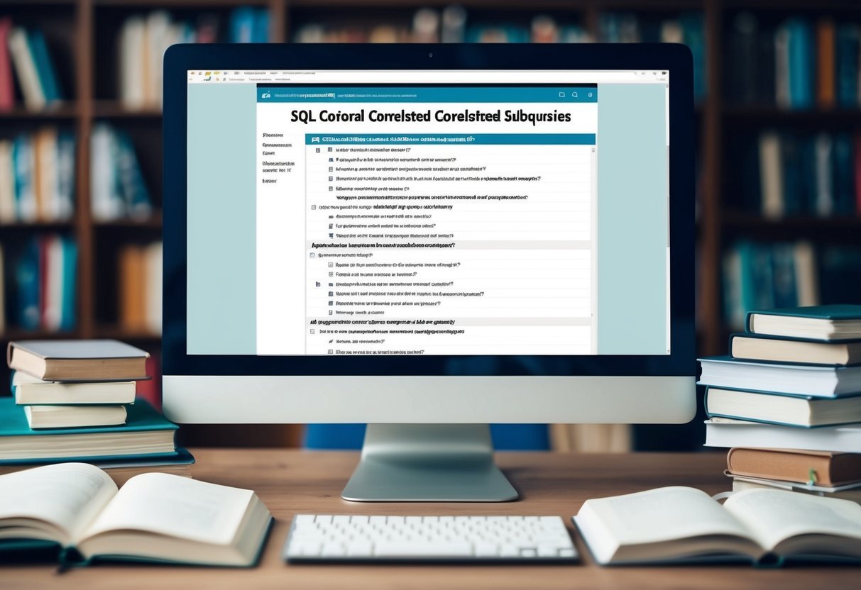 A computer screen displaying a webpage with a list of frequently asked questions about SQL correlated subqueries, surrounded by open books and notepads