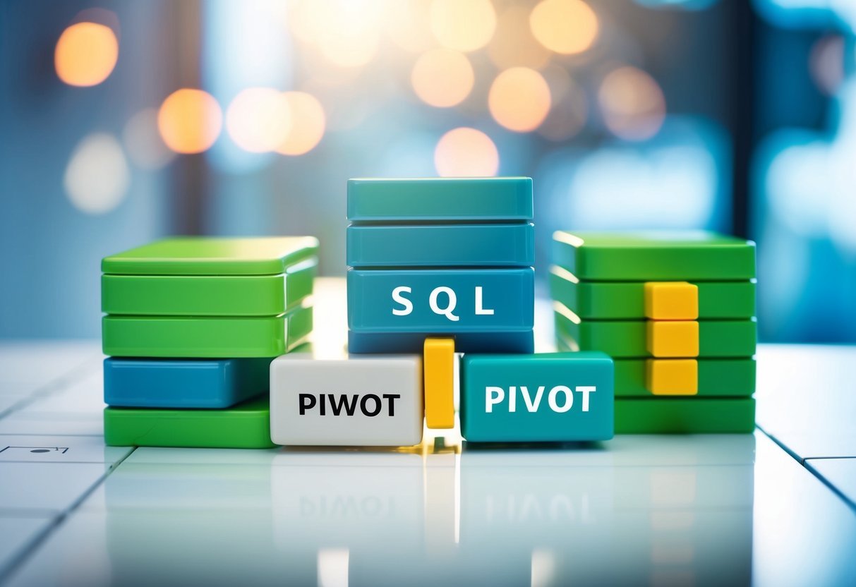 A table with rows and columns of data being transformed and flattened using SQL pivot features