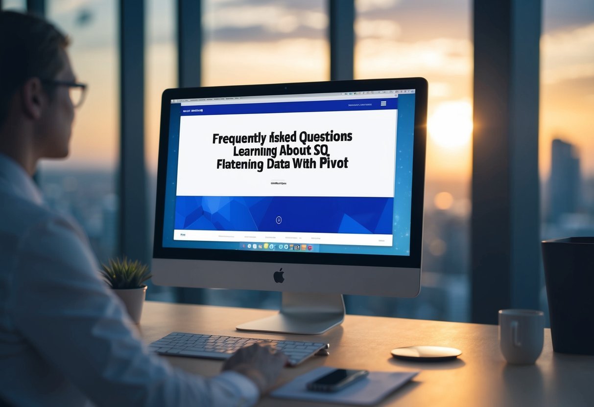 A computer screen displaying a webpage with the title "Frequently Asked Questions Learning about SQL Flattening data with PIVOT"