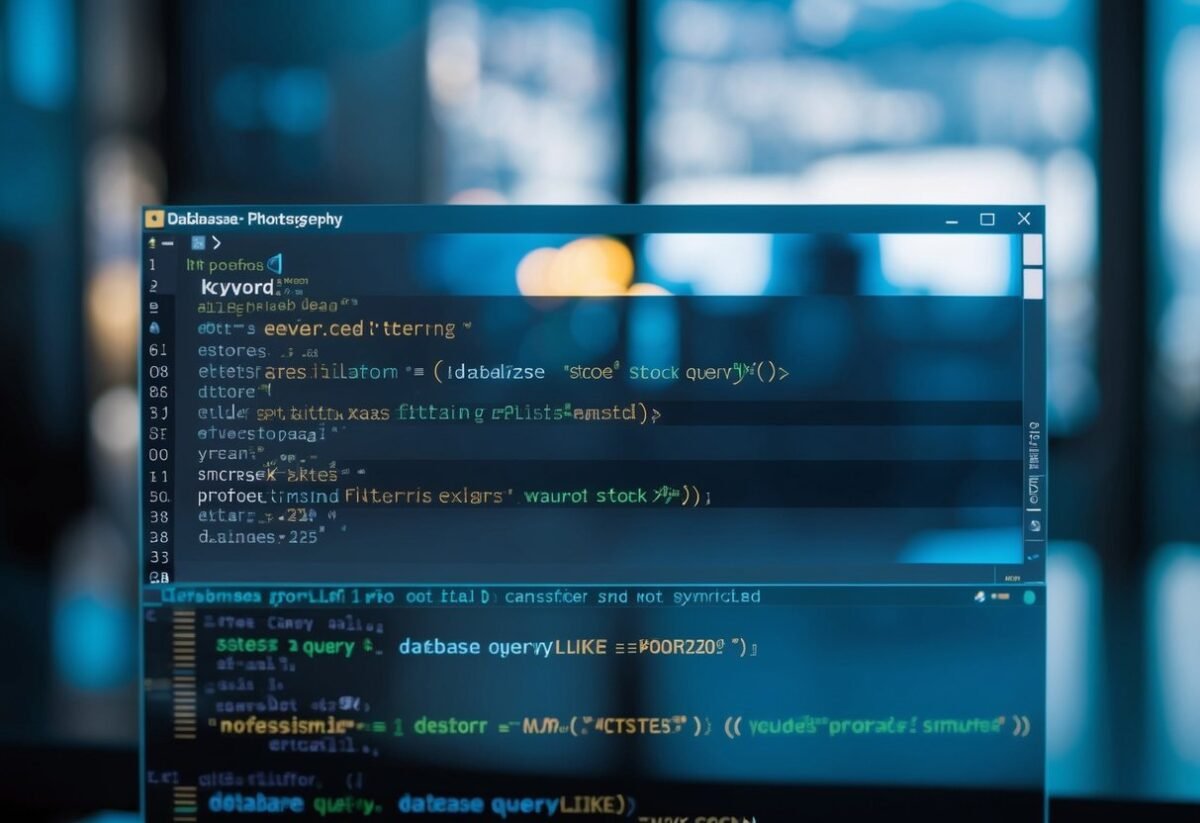 A database query with tables and SQL syntax, showcasing the use of the LIKE keyword and advanced filtering with EXISTS and NOT EXISTS