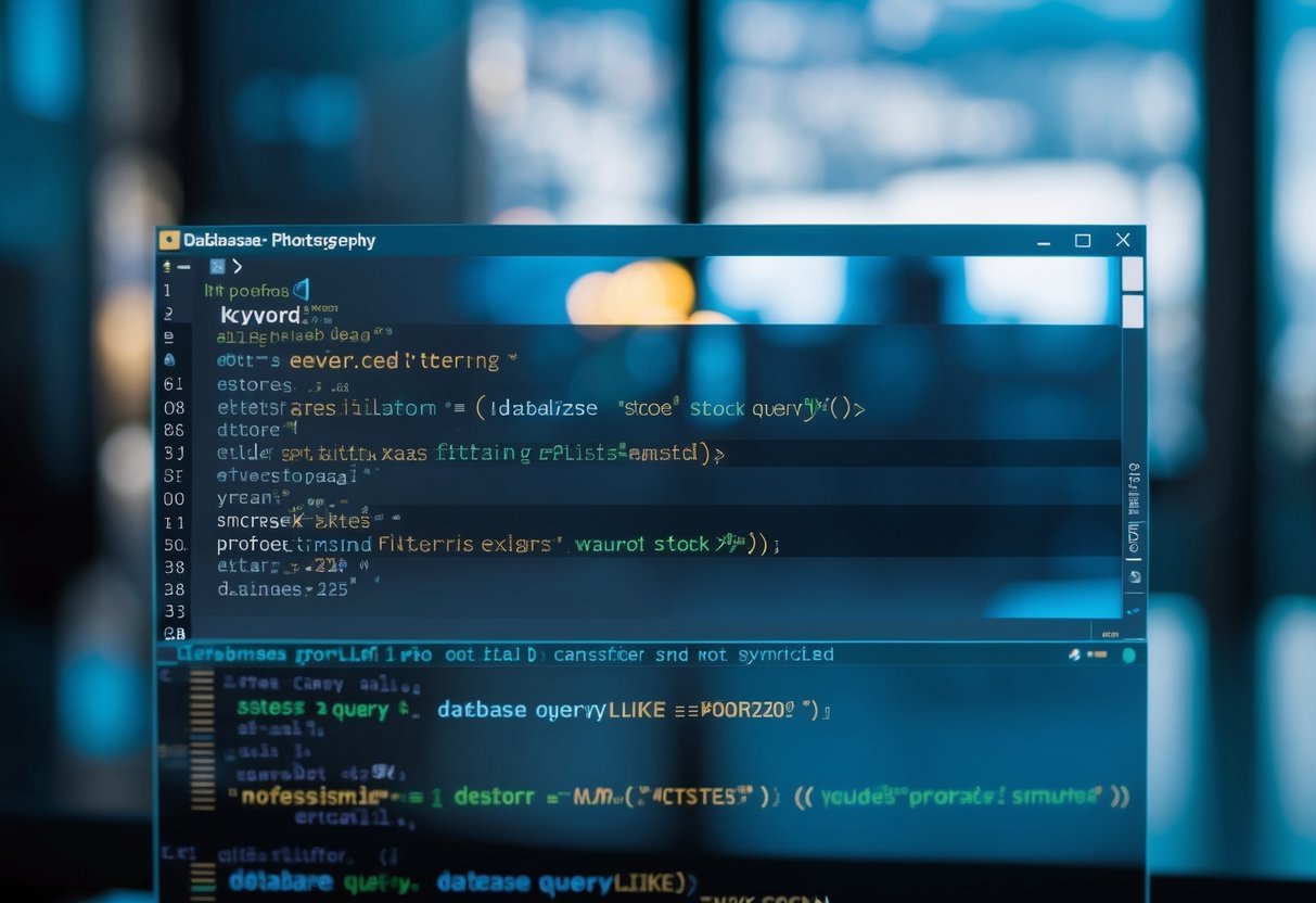 A database query with tables and SQL syntax, showcasing the use of the LIKE keyword and advanced filtering with EXISTS and NOT EXISTS