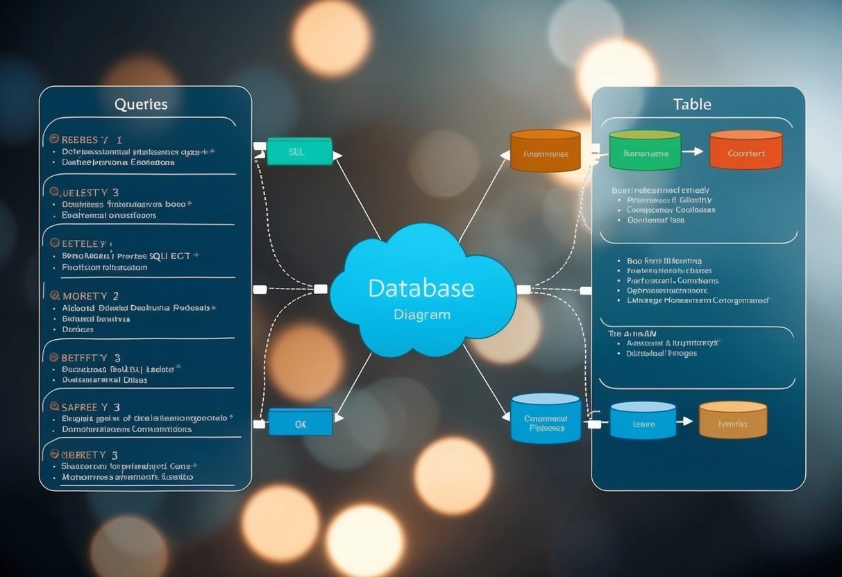 A database diagram with complex SQL queries and tables linked by advanced filtering conditions