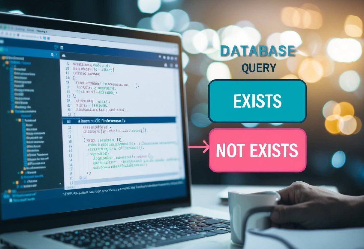 A database query with SQL code, highlighting the use of EXISTS and NOT EXISTS for filtering data