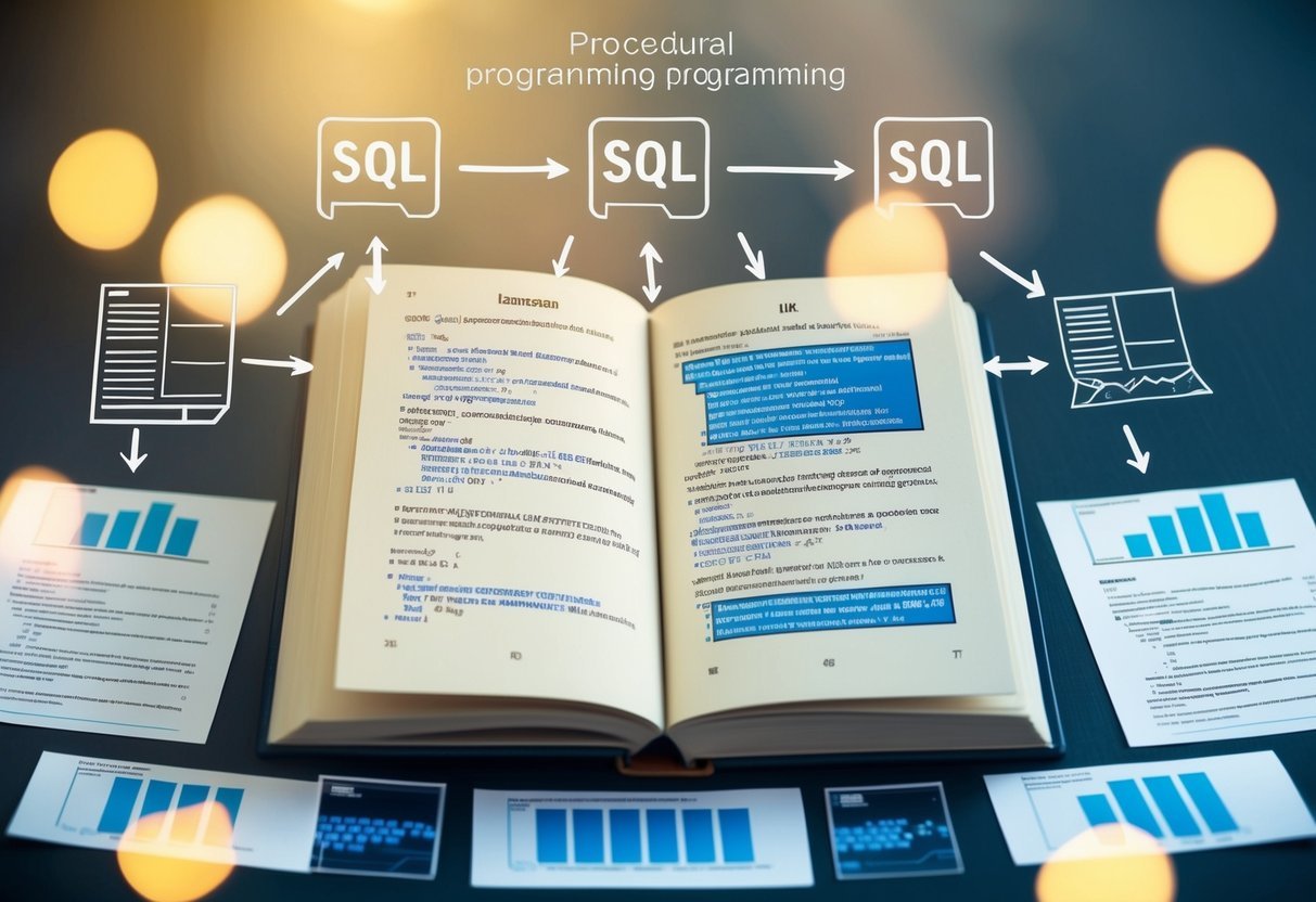 An open book with SQL code and examples, surrounded by programming symbols and a flowchart illustrating procedural programming techniques