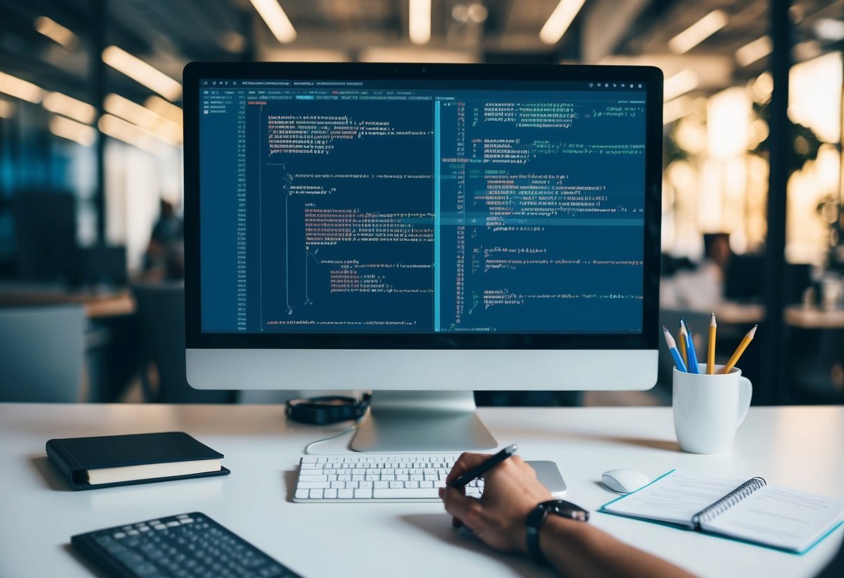 A programmer writing code on a computer screen, surrounded by SQL procedural programming concepts and transactional error handling techniques
