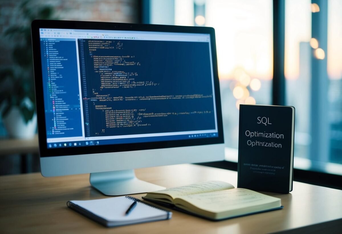 A computer screen with SQL code, a book on SQL optimization, and a notebook with handwritten notes