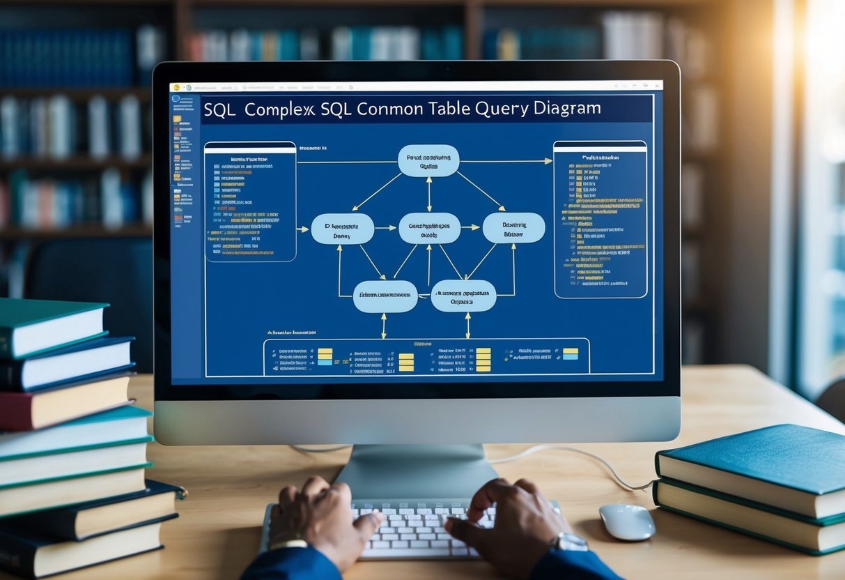 A person studying a complex SQL query diagram with subqueries and common table expressions, surrounded by reference books and a computer