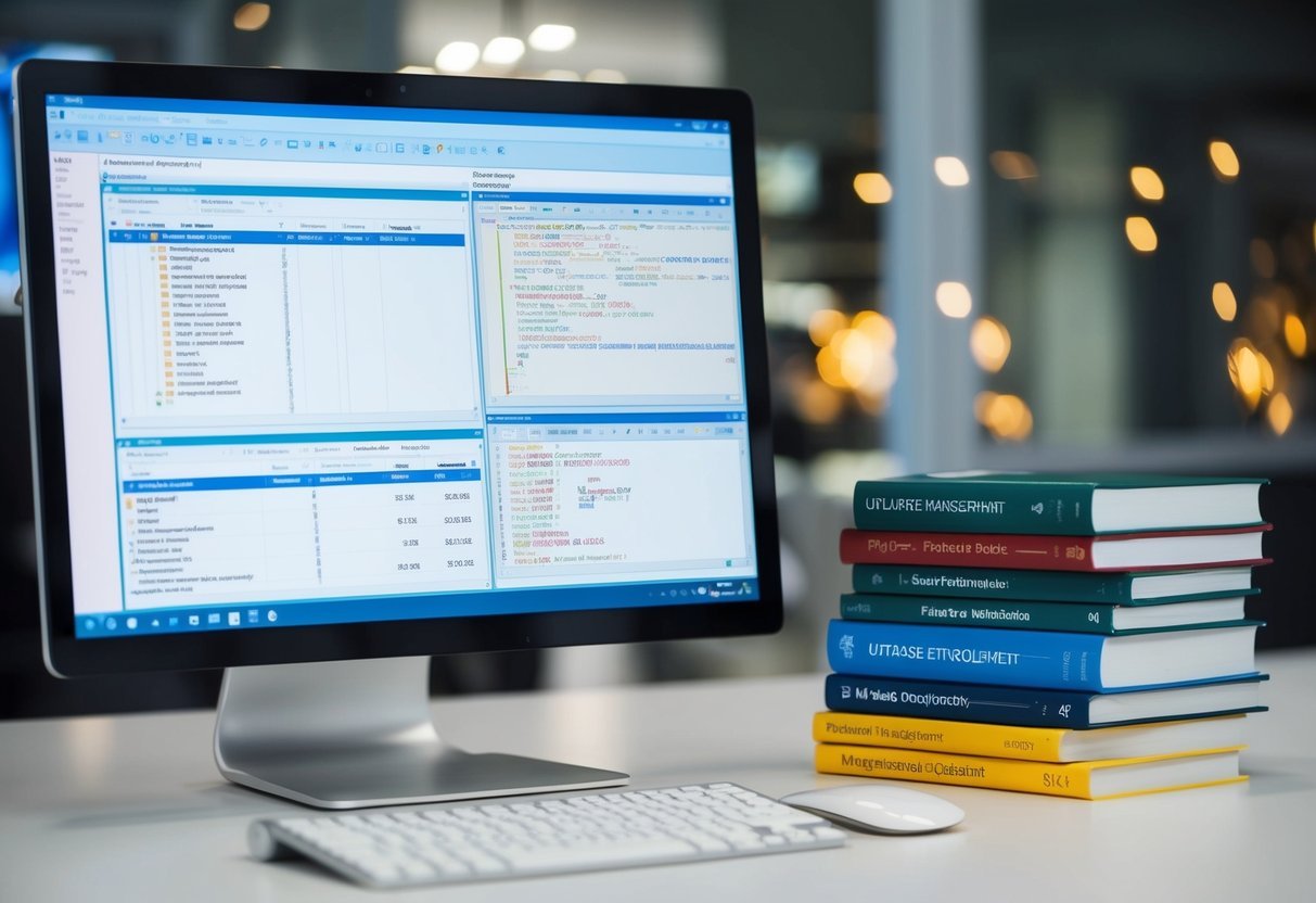 A computer screen displaying a complex SQL query with multiple tables and joins, alongside a stack of books on database management and optimization