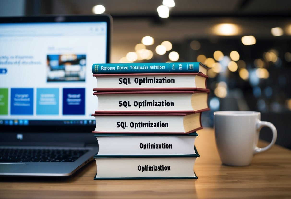 A stack of books labeled "SQL Optimization" with a computer and open browser showing SQL tutorials