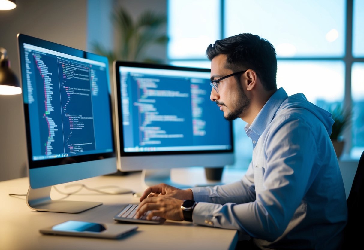 A person at a computer, working with multiple windows open, writing SQL queries and analyzing data