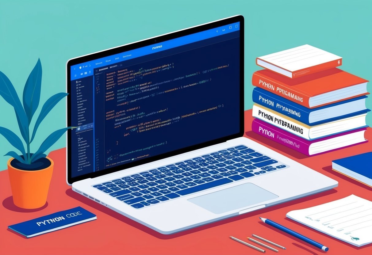 A laptop displaying Python code with project notes and a stack of Python programming books