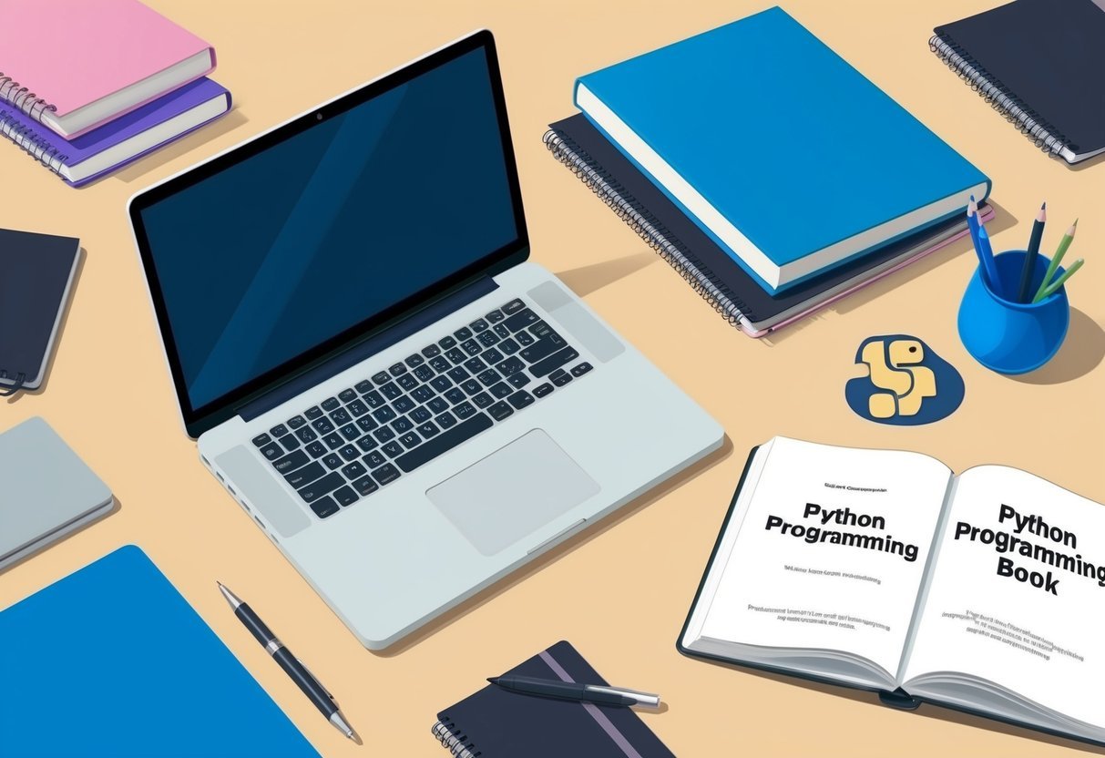 A laptop open on a desk, surrounded by notebooks and a pen. A Python programming book lies open next to it