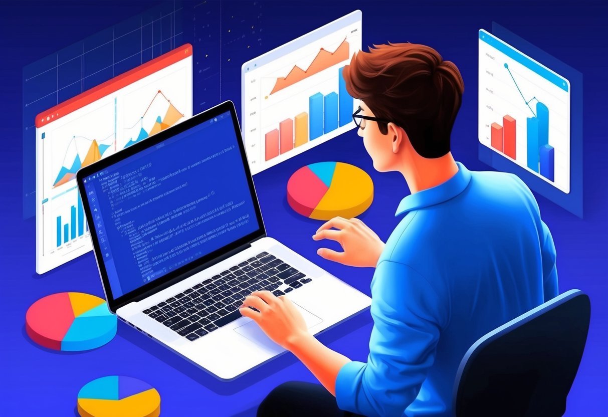 A person working on a laptop surrounded by charts and graphs, with Python code visible on the screen