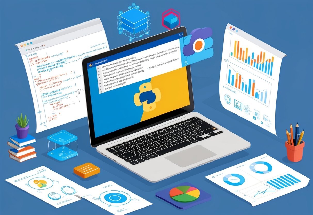 A laptop displaying Python code surrounded by machine learning algorithms and project sketches